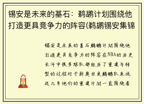 锡安是未来的基石：鹈鹕计划围绕他打造更具竞争力的阵容(鹈鹕锡安集锦)