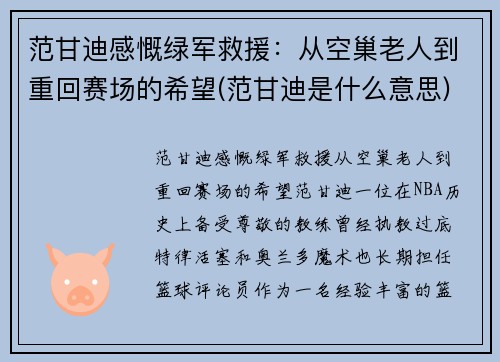范甘迪感慨绿军救援：从空巢老人到重回赛场的希望(范甘迪是什么意思)