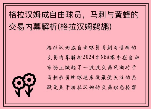 格拉汉姆成自由球员，马刺与黄蜂的交易内幕解析(格拉汉姆鹈鹕)